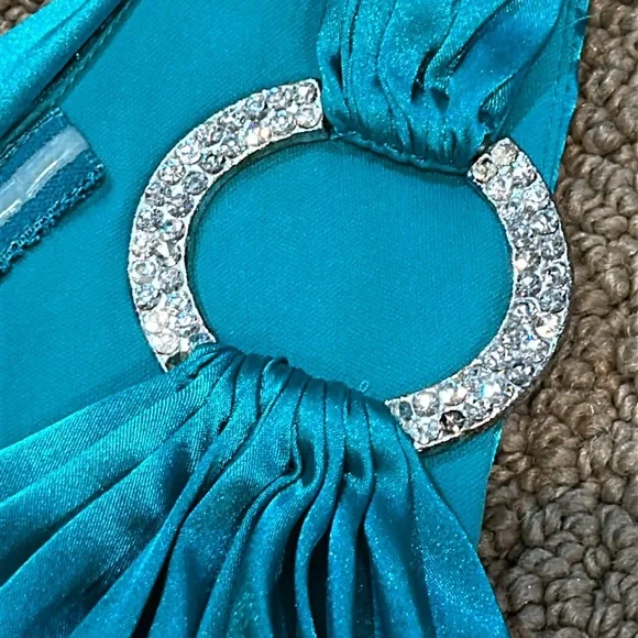 Adrianna Papell Boutique Teal Green Sheath Dress size 14 One Shoulder Satin - Picture 7 of 16